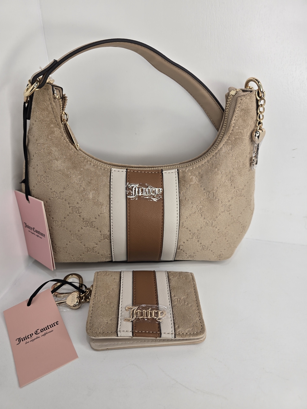 Juicy Couture Suede Bright and Bold Beige  Hobo Bag with Matching Wallet